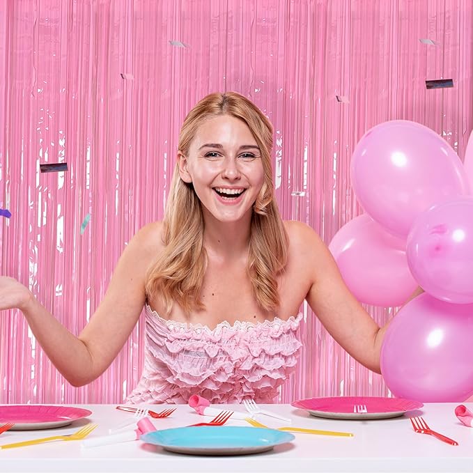 BOMSI 10 Pack Pastel Pink Party Backdrop Decorations Tinsel Curtains Foil Fringe Birthday Decorations Photo Booth Streamer Backdrop Bachelorette Graduation Party Decorations