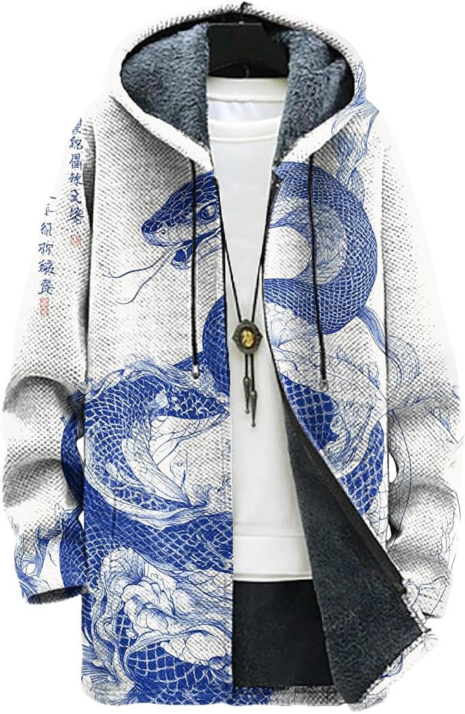 MARSVOVO Long Hooded Cardigan Men Japanese Art Style Fashion Cool Graphic Streetwear Winter Warm Lined Fleece Jacket