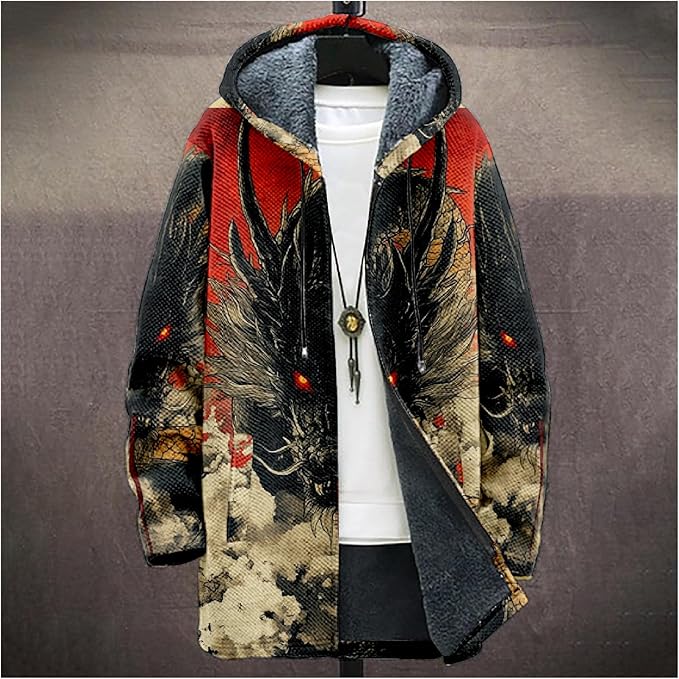 Mens Hooded Cardigan Japanese Art Zip Up Long Sleeve Sweater Hoodie Dragon Print Coat with Pockets