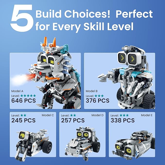 Sillbird Building Robot Dinosaur Kit with Remote Control Stem Gifts for Boys Age 8-12, Build Coding Robotic Toys for Kids Birthday, 5 in 1 Buildable Set with 646 Pieces