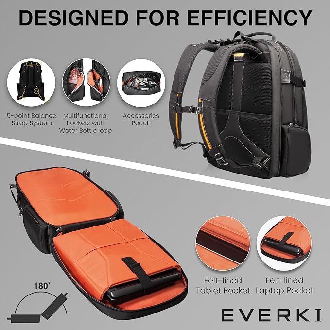 EVERKI Business 120 Laptop Backpack with Rain Cover, 40L Capacity, Large Compartment for Laptops Up to 18.4", 180° Fold-Out Design, Padded Pocket, Durable Design with Multiple Pockets – EKP120 - Black