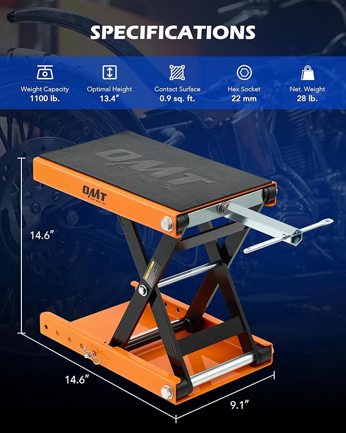 Orion Motor Tech Motorcycle Lift, 1100lb Scissor Lift Jack with Wide Deck T Handle 3/8" Socket, Motorcycle Center Stand with Chain Brush, Crank Hoist Stand for ATV Dirt Bike Cruiser, Orange