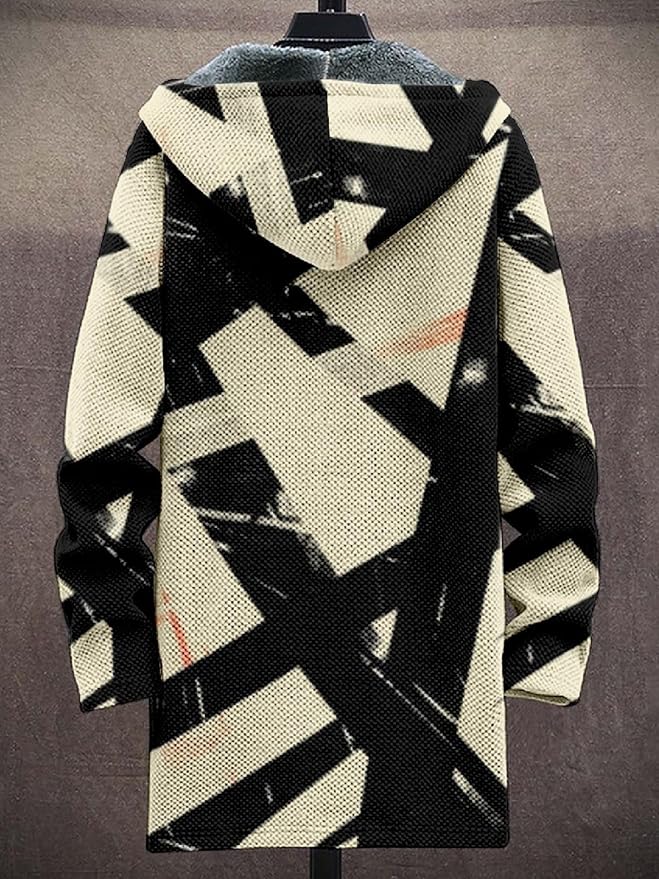 2025 Men's Ethnic Pattern Hooded Jacket Long Cardigan Hoodies Full Zip Vintage Knitted Zipper Coat with Pocket