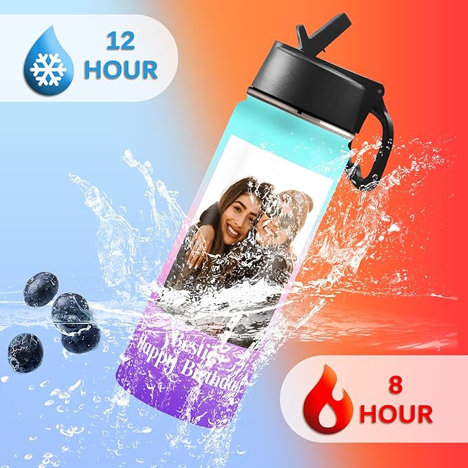 Personalized Photo Water Bottles, 18oz/32oz Custom Pictures Text Stainless Steel Insulated Sport Water Bottle with Straw Lid & Handle, Customized Cup Gifts for Men Women Birthday Anniversary Christmas