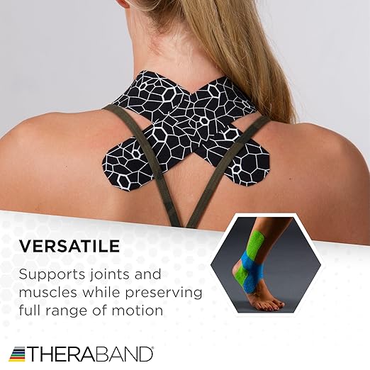 THERABAND Kinesiology Tape, Waterproof Physio Tape for Muscle & Joint Support, Standard Roll with XactStretch Application Indicators, 2" X 10" Strips, 20 Precut Strips, Black/White