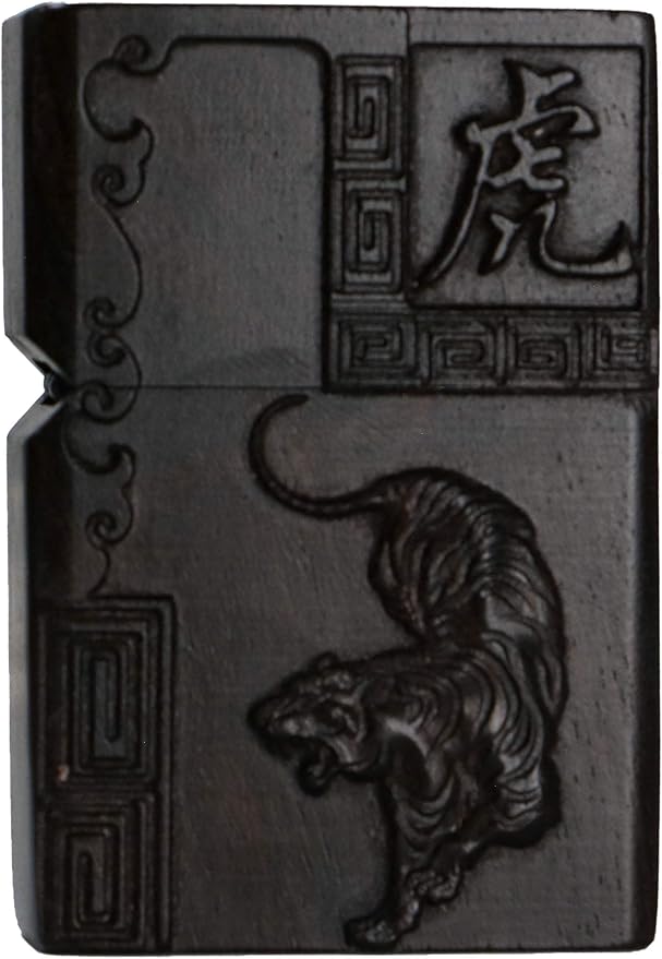 Natural Ebony Black Wood Carved Lighter Shell Box For Zippo Module (Zodiac Tiger)