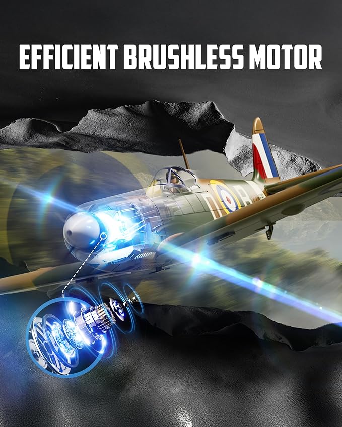 volantexrc Brushless RC Plane, 4 Channel Remote Control Airplane Fighter Spitfire RTF with Aileron, Gyro, Aerobatics & 3 Modes Easy to Fly, Hobby Radio Controlled Aircraft for Beginners