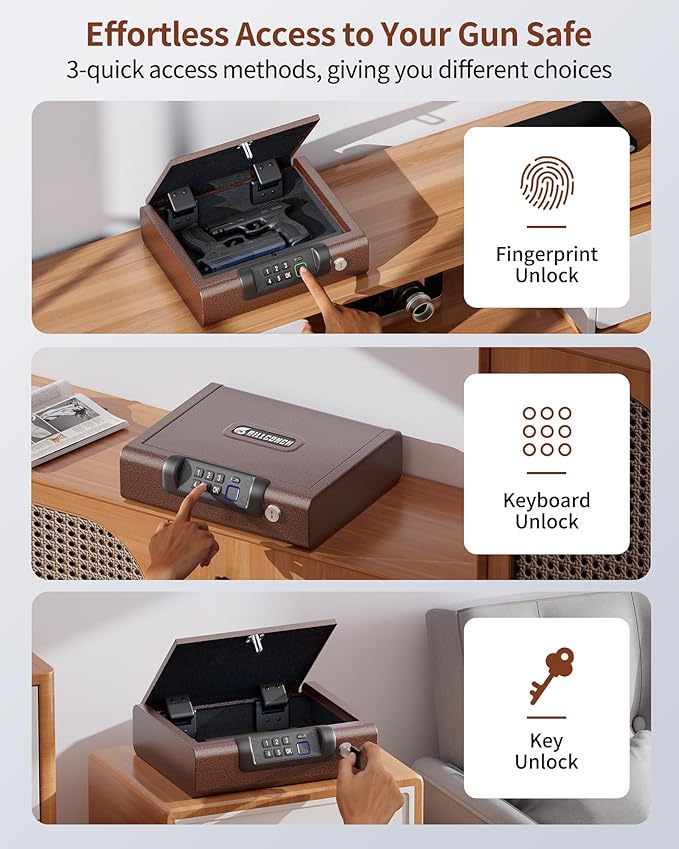 Gun Safe,Biometric Gun Safe for Pistols 3-Ways unlock Fingerprint Digital PIN Key Unlock with Voice, Lock box for Cloakroom living room Bedroom Nightstand and Car BILLCONCH - Antique Bronze