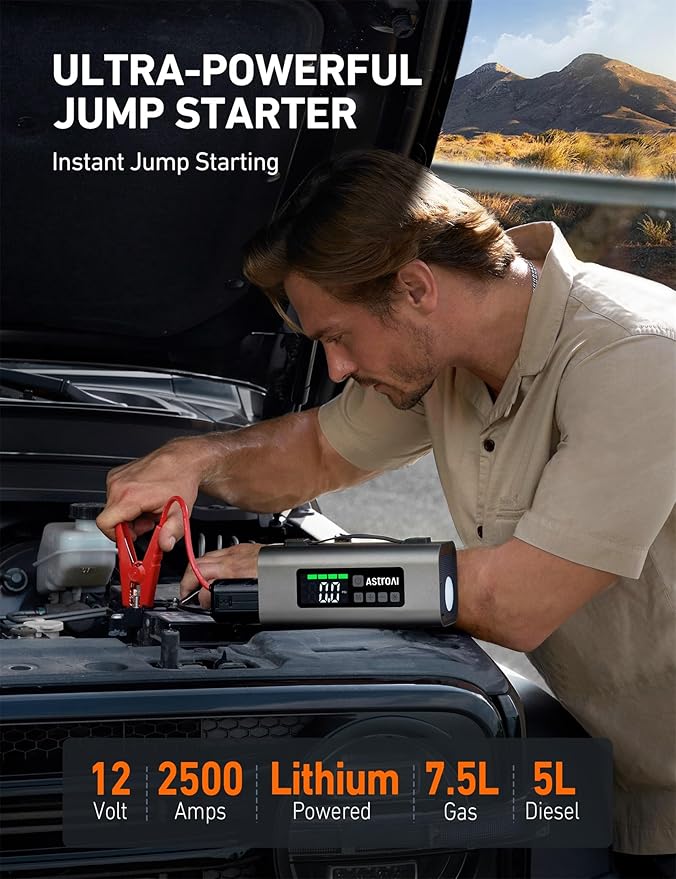 AstroAI Portable Jump Starter with Air Compressor 150PSI, 2500A Car Battery Jump Starter Pack Up to 7.5L Gas & 5.0L Diesel Engine, UL Certified, 12V Jump Box Car Battery with LCD Display, Lights