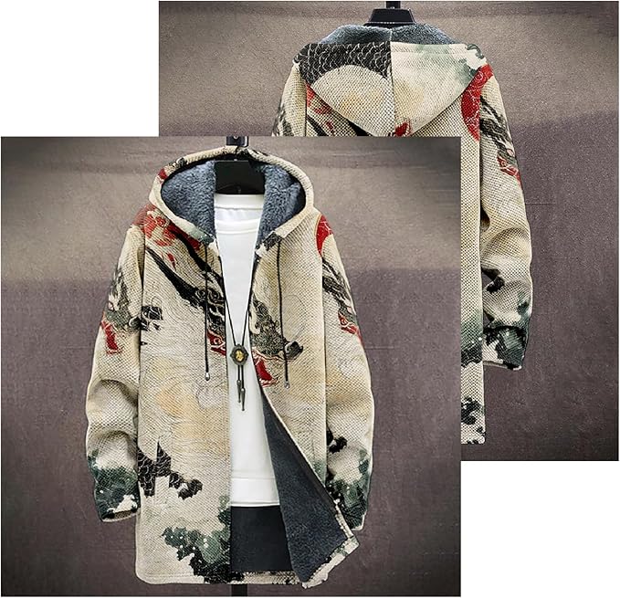 Mens Hooded Cardigan Japanese Art Zip Up Long Sleeve Sweater Hoodie Dragon Print Coat with Pockets