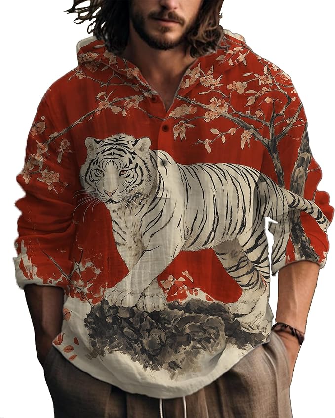 MARSVOVO Hooded Long Sleeve Shirt Men Fashion Graphic Button Up Lightweight Big and Tall Casual Vacation Shirts for Men