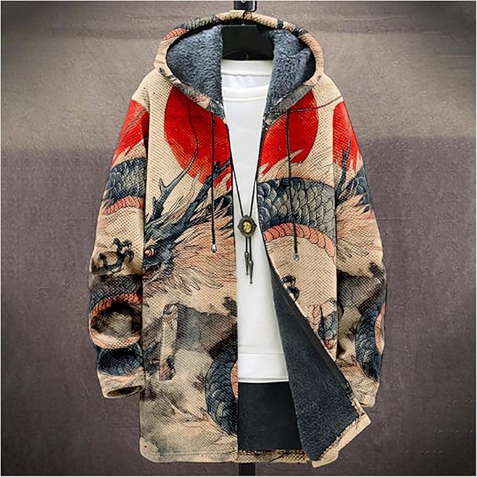 Mens Hooded Cardigan Japanese Art Zip Up Long Sleeve Sweater Hoodie Dragon Print Coat with Pockets