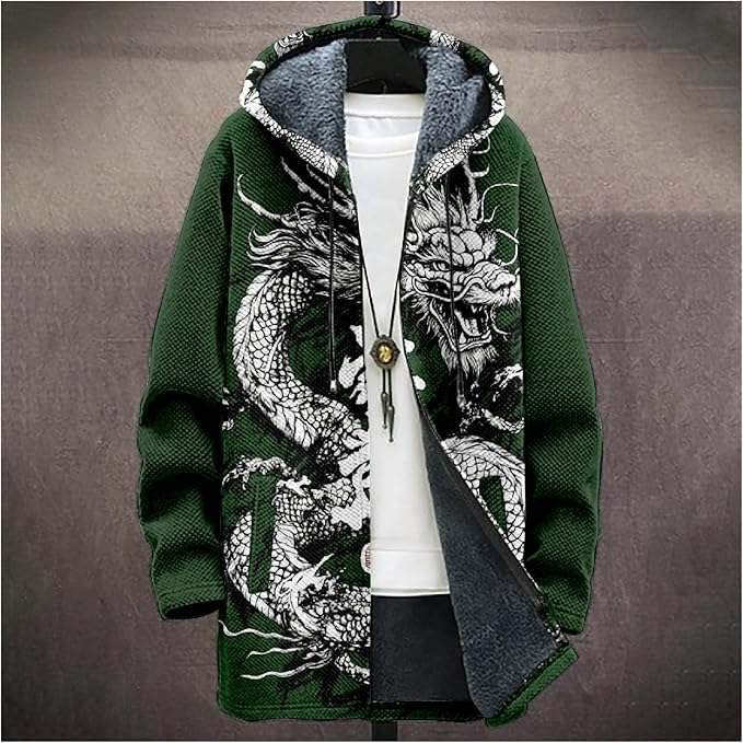 Mens Hooded Cardigan Japanese Art Zip Up Long Sleeve Sweater Hoodie Dragon Print Coat with Pockets