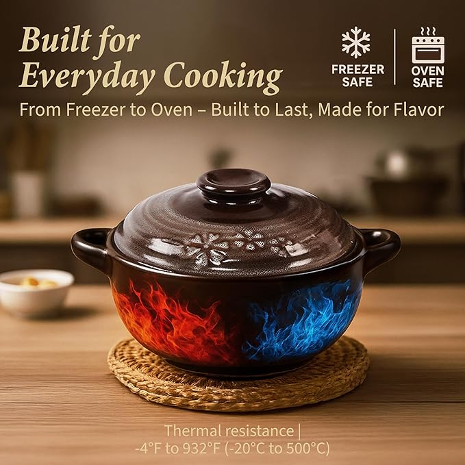 DDasiBowl - Korean Stone Bowl (34oz) Clay Pot for Cooking Korean Dishes - Brown, Large, Rustic Style - Dolsot, Ttukbaegi, Onggi, Kimchi Stone Donabe - With Lid