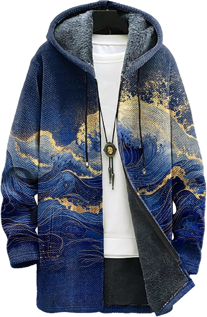 MARSVOVO Long Hooded Cardigan Men Japanese Art Style Fashion Cool Graphic Streetwear Winter Warm Lined Fleece Jacket