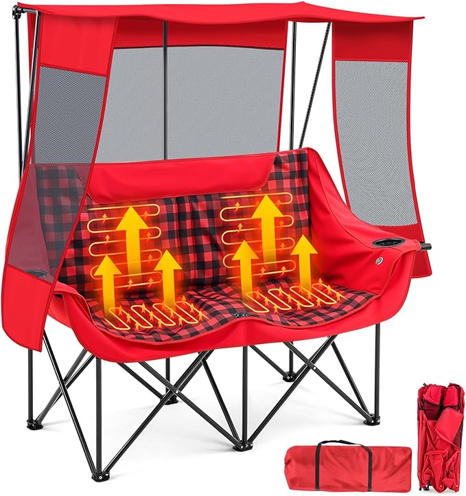 Heated Double Camping Chair with Canopy, Padded Loveseat 660lbs Folding Portable Chair with Pocket for Adult Outdoor Lawn, 4 Heating Zones 3 Heat Level, Use 5v/3a Power Bank (Not Included)(Red Plaid)