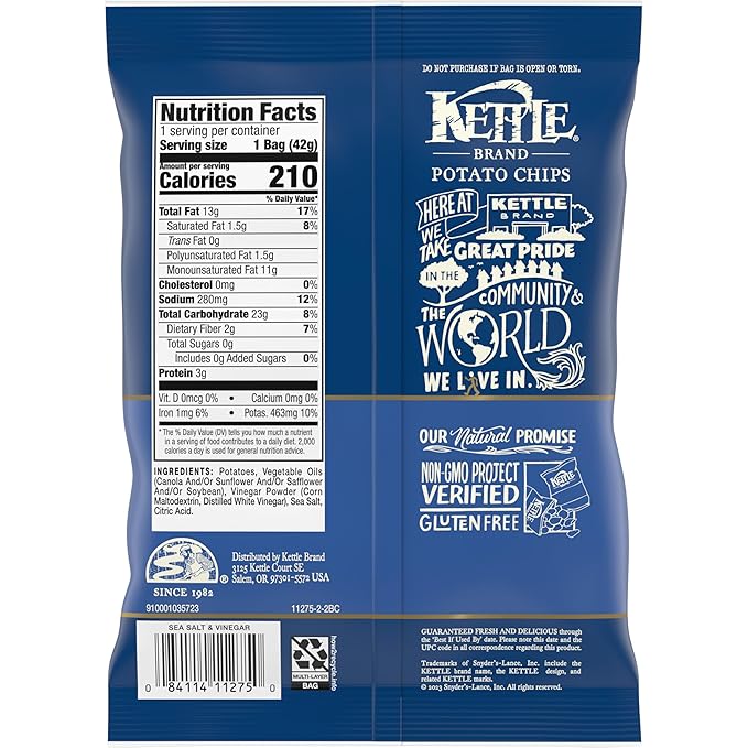 Kettle Brand Potato Chips, Sea Salt & Vinegar Kettle Chips, Snack Bag, 1.5 Oz (Pack of 24)