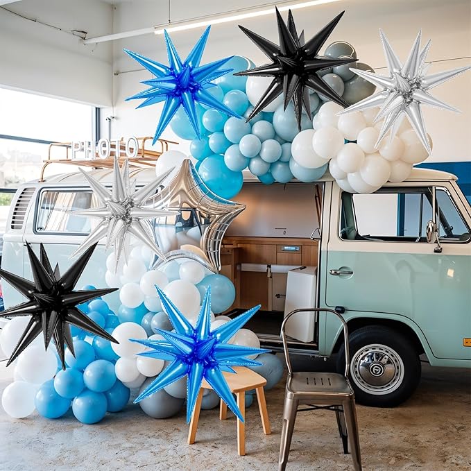 6PCS Star Balloons, 22Inch Large Black Blue Silver Star Balloon Explosion Foil Balloons Cone Spike Balloon for Birthday Graduation Wedding Anniversary Party Backdrops Decorations