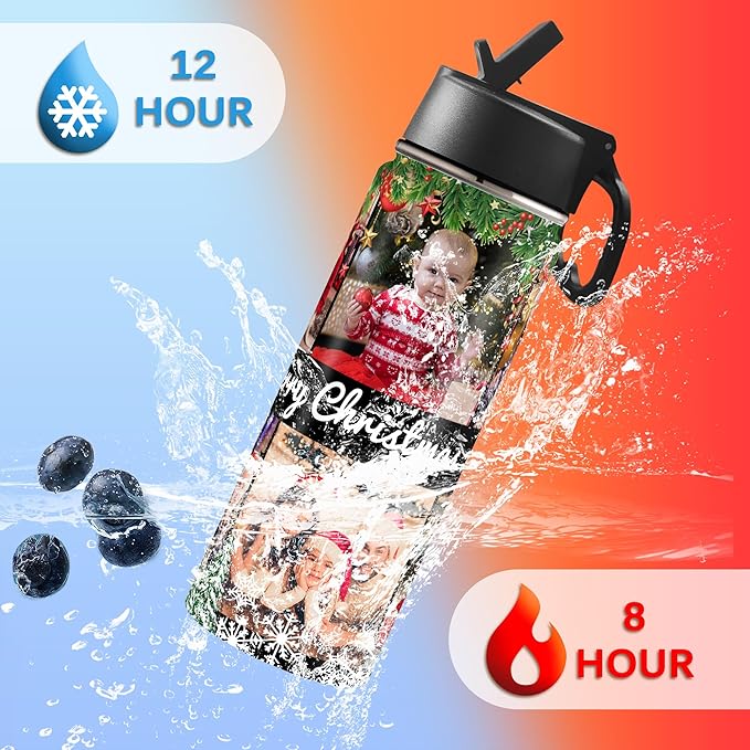 Personalized Photo Water Bottles, 18oz/32oz Custom Pictures Stainless Steel Insulated Sport Water Bottle with Straw Lid & Handle, Customized Cup Gifts for Men Women Birthday Anniversary Christmas