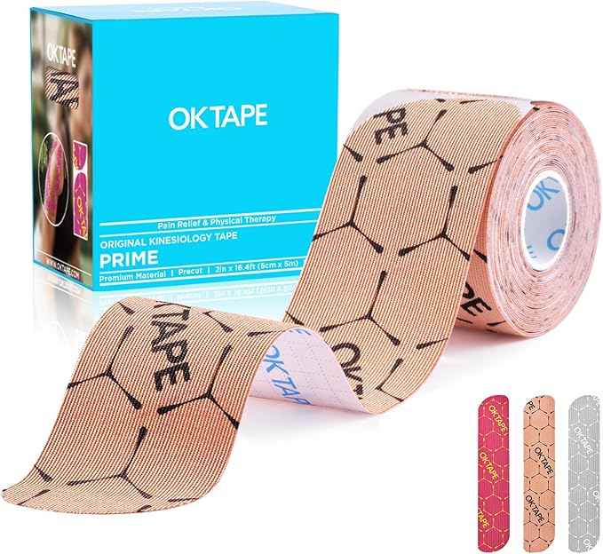 OK TAPE Synthetic Kinesiology Tape Precut Strips, Waterproof Kinesiology Athletic Tape for Muscle Support and Recovery, Reduce Muscle Discomfort Tape,Durable, 2in×16.4ft Roll 20PCS | Beige