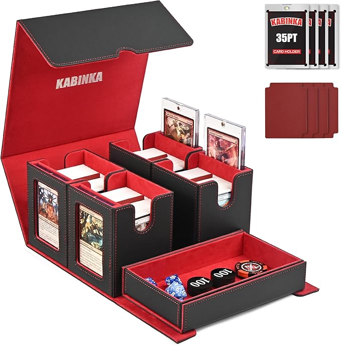 Kabinka Commander Deck Box for MTG Fits 400+ Double-Sleeved Card Storage, 5 IN 1 Removable Card Case with Dice Tray, Display Window for TCG/PTCG/EDH, 4 Magnetic One Touch Holders (Black Red)