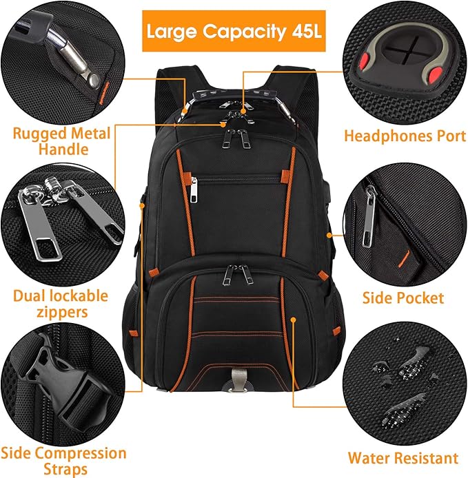Travel Backpacks for Men Women,Extra Large College School Laptop Bookbags with USB Charging Port,RFID TSA Friendly Water Resistant Business Computer Bag with Luggage Sleeve Fit 17.3''Laptop 45L,Orange