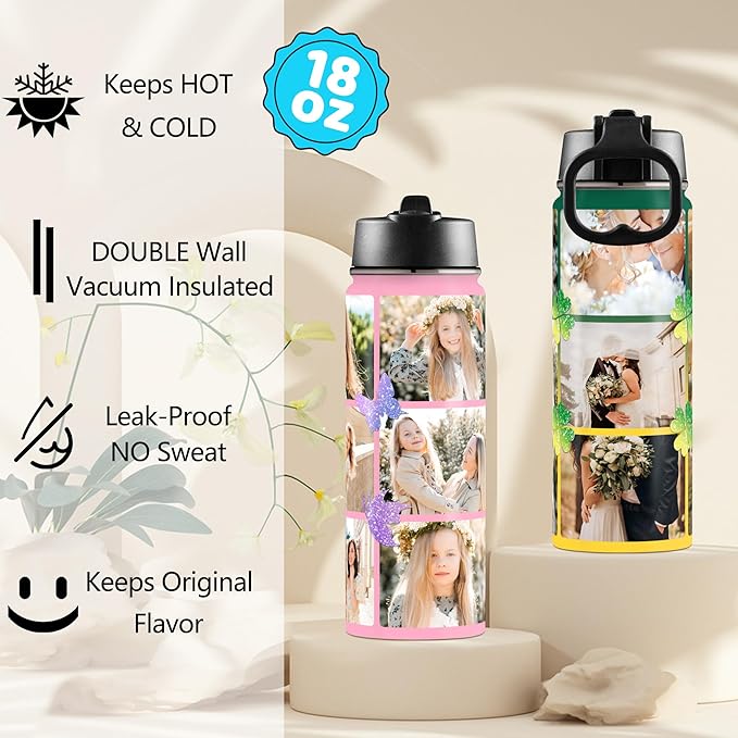 Personalized Photo Water Bottles, 18oz/32oz Custom 9 Pictures Stainless Steel Insulated Sport Water Bottle with Straw Lid & Handle, Customized Cup Gifts for Men Women Birthday Anniversary Christmas