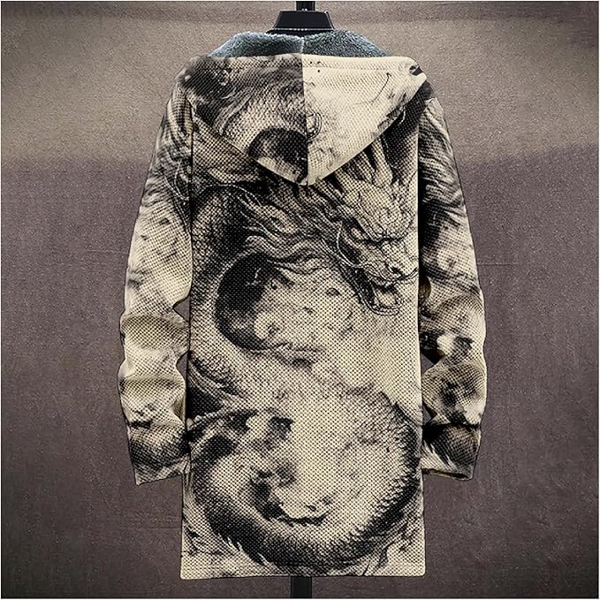 Mens Hooded Cardigan Japanese Art Zip Up Long Sleeve Sweater Hoodie Dragon Print Coat with Pockets