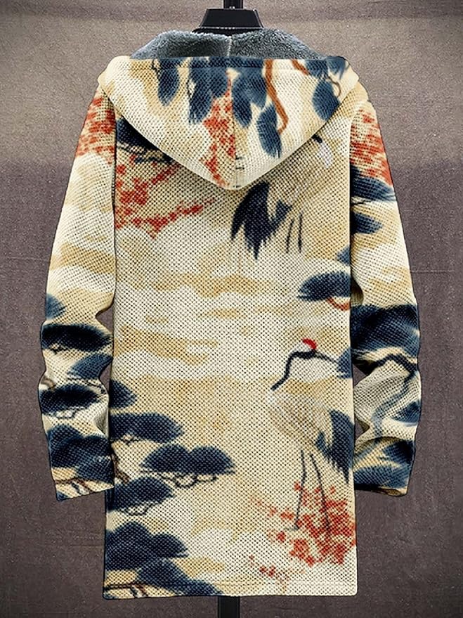 2025 Men's Ethnic Pattern Hooded Jacket Long Cardigan Hoodies Full Zip Vintage Knitted Zipper Coat with Pocket