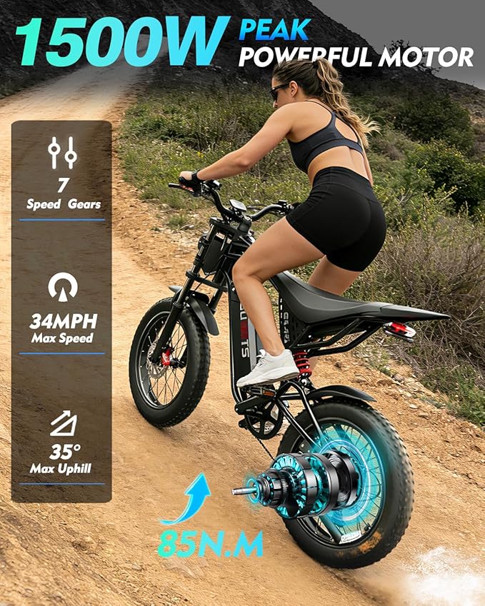 Electric Bike for Adults, 1000W/3000W Peak, 20"-26" Fat Tire Electric Dirt Bike, 48V 15.6Ah/23Ah Battery, Up to 30-35MPH & 45-60 Miles, Full Suspension, Dual Disc Brakes, 7-Speed All-Terrain E-Bike