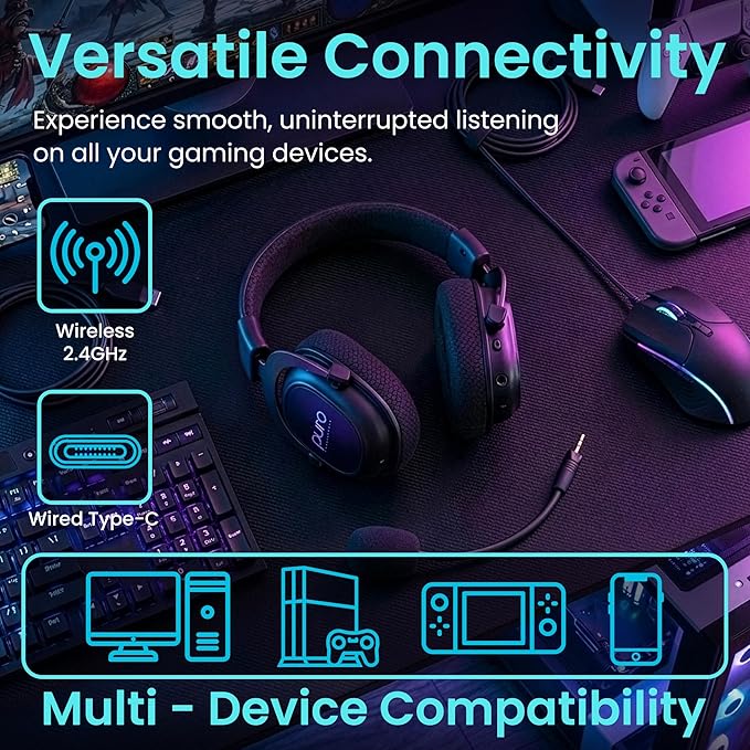 Puro Sound Labs Wireless Gaming Headset - Easy to Pair with 2.4GHz USB, Volume-Limited, Tri-Mode Connectivity, Detachable Mic, 32-Hour Battery, Wireless Gaming Headphones for PC - PuroGamer-BT, Black