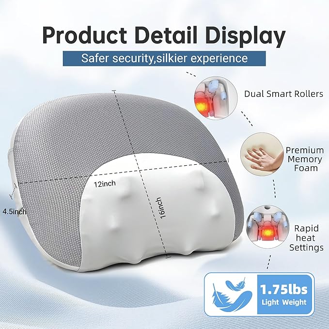 Shiatsu Neck Massager for Pain Relief deep Tissue Before Sleep, Cervical Neck Pillow,Cordless & Memory Foam Pillows with Heat,Gifts for Mom, Dad, Women, Men (Gray with Wired Controller)