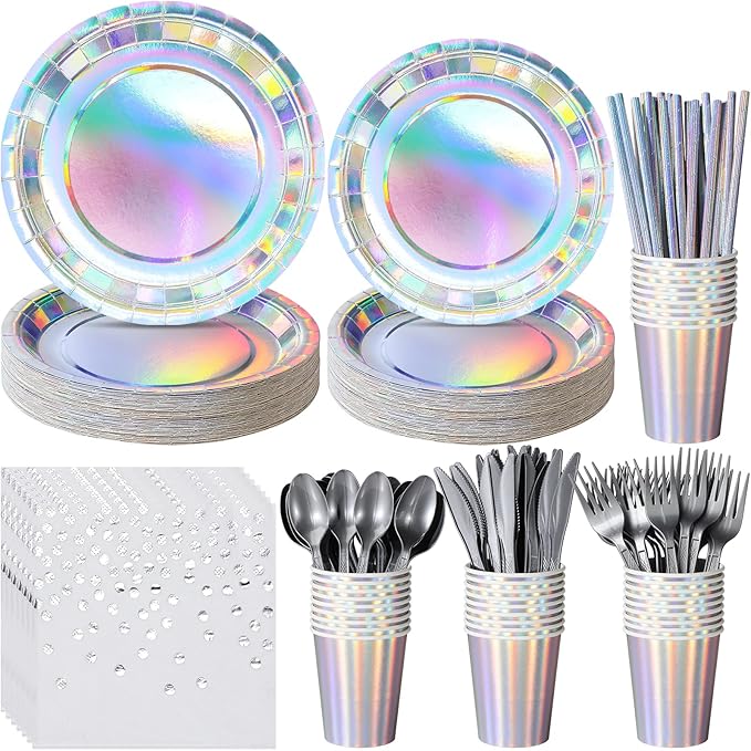 Iridescent Party Supplies Decorations, Holographic Paper Plates and Napkins Set, Disposable Iridescent Paper Plates Cups Knives Spoons Fork Straw for Mermaid Birthday Wedding Party, Serve 50