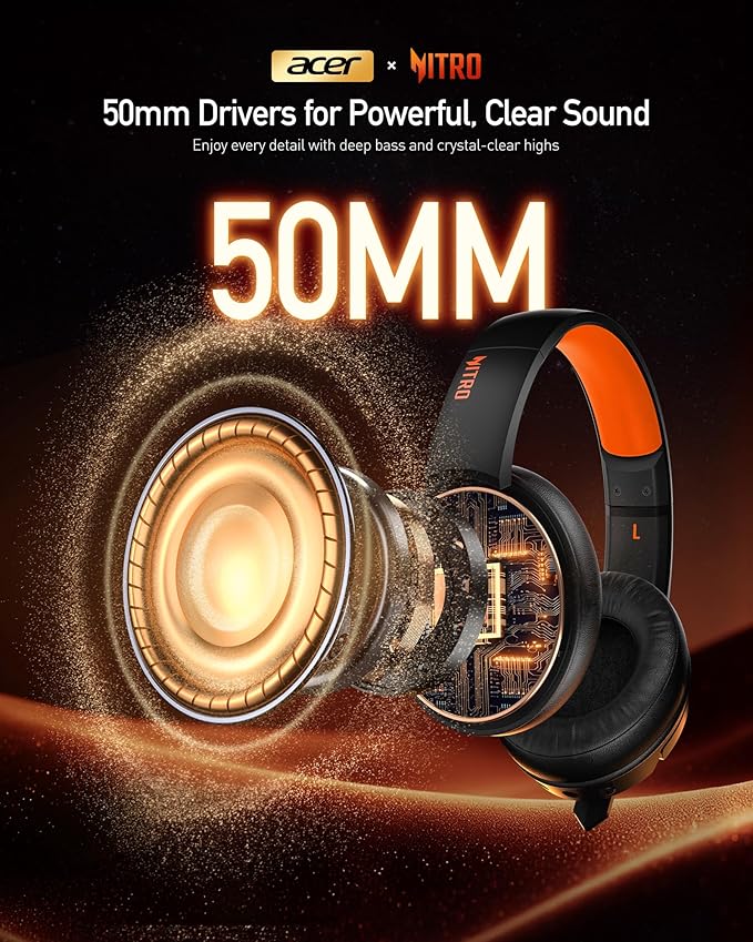 acer Wireless Gaming Headset, PS5 Headset with 2.4GHz for Ps5, Ps4, PC, Switch, Bluetooth 5.3 + 100Hrs Gaming Headphones with Noise Canceling Mic for Laptop, Mobile, Mac, 50mm Drivers (Orange)