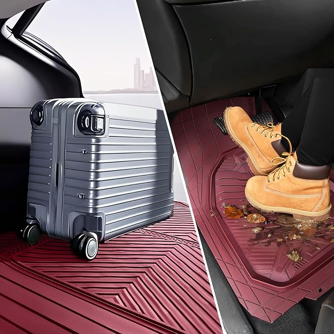 CAR PASS Heavy Duty Rubber Car Mats with Cargo Liner, Deep-Dish Car Floor Mats and Trunk Mat All Weather, Universal Trim-to-Fit for SUVs Trucks Sedans, Waterproof Anti-Slip, Trimmable V12 Burgundy