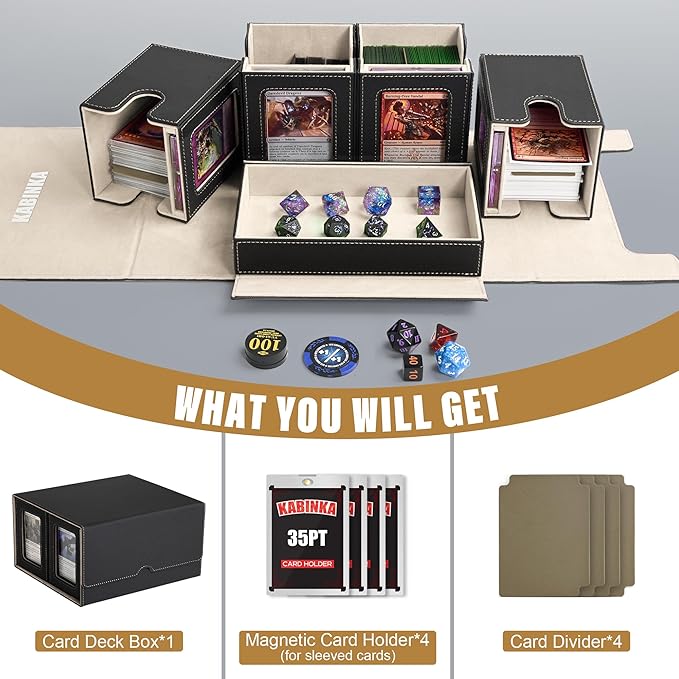 Card Deck Box for MTG with Commander Display, 5 in 1 Card Storage Box Fits 400+ Double-sleeved Cards, Removable Deck Case for TCG/Sports Cards with Dice Tray, 4 Magnetic Card Holders (Black Gold)