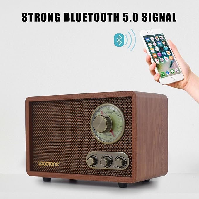 LoopTone AM FM Classic Retro Radio with Bluetooth Speaker,Vintage Wood Table Radio with Treble Bass Control for Kitchen Living Room with Rotary Knob Brown