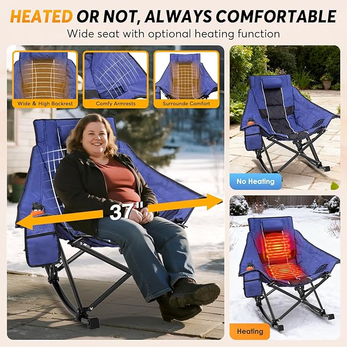 Suteck Heated Rocking Camping Chair - Fully Thicker Padded Heated Chairs for Outdoor Sports W/3 Heat Levels for Back & Seat, Heated Folding Chair for Adults with Carry Bag- Battery NOT Included