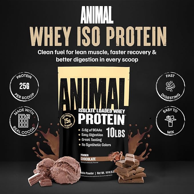 Animal Whey Isolate Protein Powder - Loaded for Pre & Post Workout Muscle Builder and Recovery with Digestive Enzymes for Men & Women - 25g Protein, Great Taste, Low Sugar - Chocolate 10 lbs