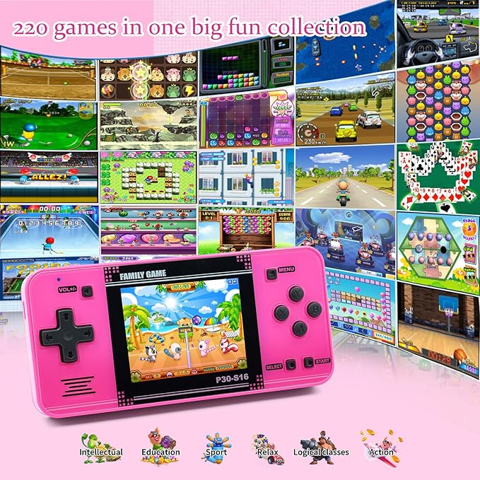 Handheld Game for Kids -Preloaded 220 Retro Video Games, Portable Gaming Player with Rechargeable Battery 3.0" LCD Screen, Mini Arcade Electronic Toy Gifts for Boys Girls (Red)