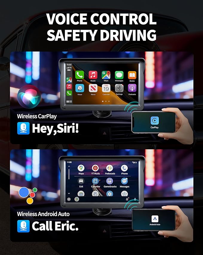 7" Wireless Carplay Screen for Car, for Apple CarPlay & Android Auto, Touch Screen Wireless Car Play Mirror Link with Backup Camera, GPS, Voice Control Carplay Car Stereo