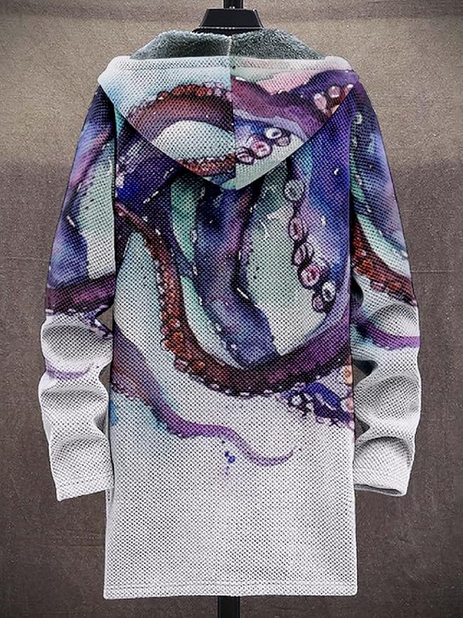 2025 Men's Ethnic Pattern Hooded Jacket Long Cardigan Hoodies Full Zip Vintage Knitted Zipper Coat with Pocket