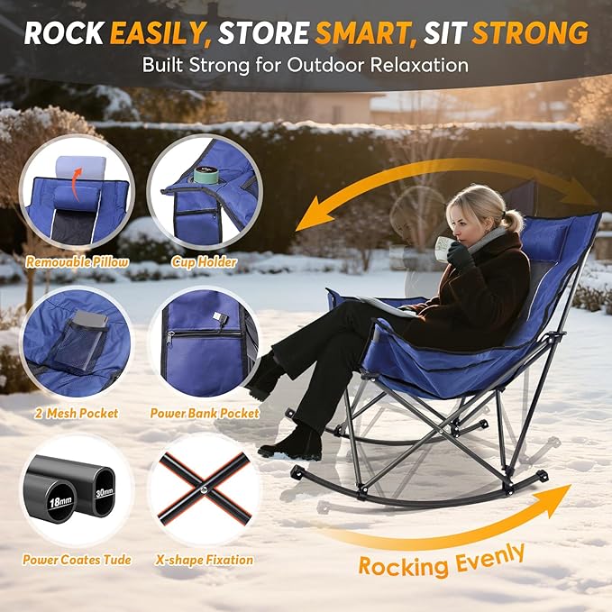 Suteck Heated Rocking Camping Chair - Fully Thicker Padded Heated Chairs for Outdoor Sports W/3 Heat Levels for Back & Seat, Heated Folding Chair for Adults with Carry Bag- Battery NOT Included