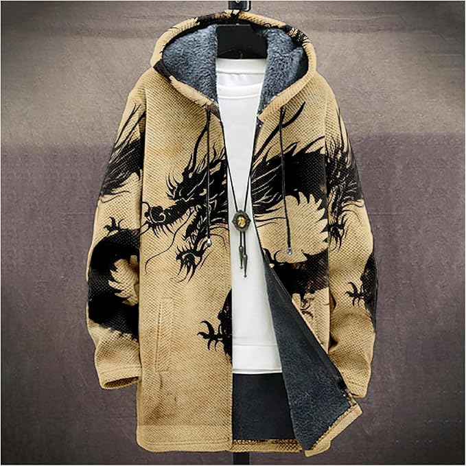 Mens Hooded Cardigan Japanese Art Zip Up Long Sleeve Sweater Hoodie Dragon Print Coat with Pockets