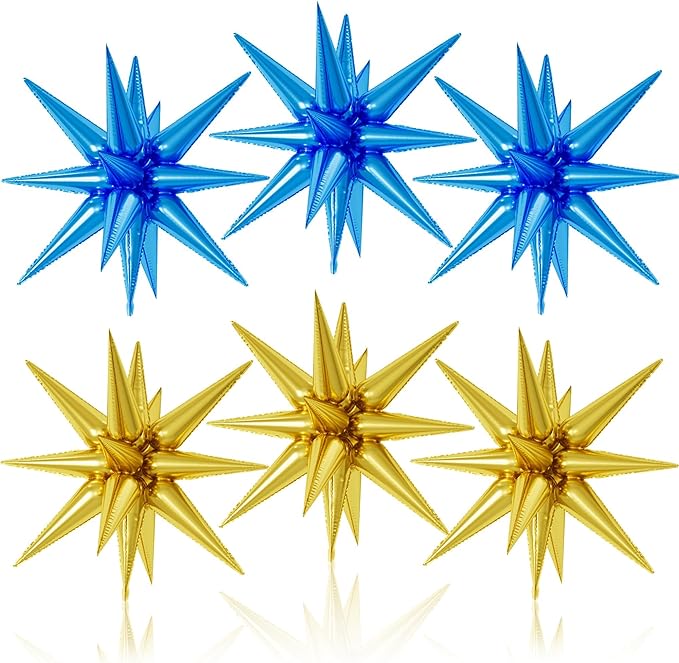 6PCS Star Balloons, 22Inch Large Blue Gold Star Balloon Explosion Foil Balloons Cone Spike Balloon for Birthday Graduation Wedding Anniversary Party Backdrops Decorations