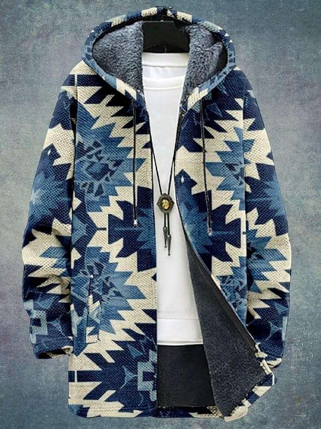 2025 Men's Ethnic Pattern Hooded Jacket Long Cardigan Hoodies Full Zip Vintage Knitted Zipper Coat with Pocket