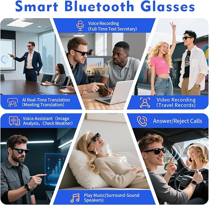 Al Smart Glasses with ChatGPT&800W Camera Video Recording,Sunglasses for Real-TimeTranslation, MusicControl, ElS Stabilization|WiFi/Bluetooth 5.3 Smart Eyewear for Travel, Meeting