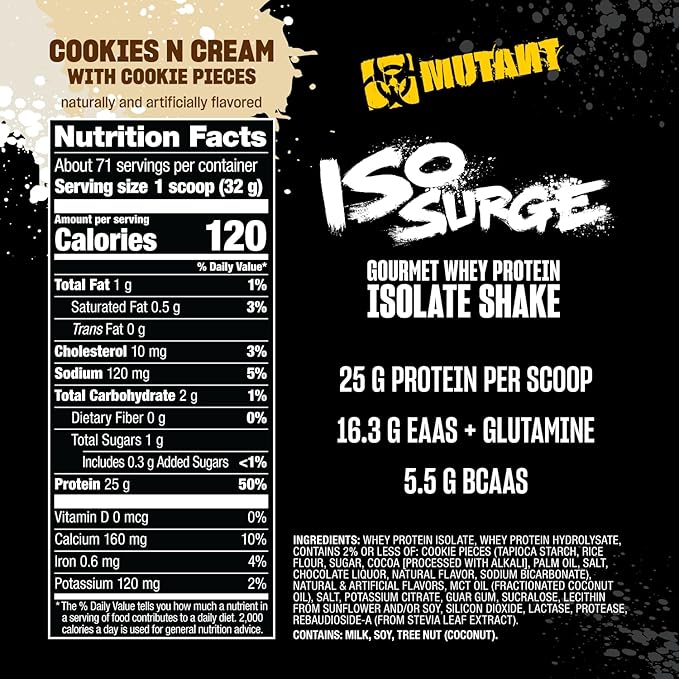 Mutant ISO Surge Whey Protein Isolate Powder Acts Fast to Help Recover, Build Muscle, Bulk and Strength, 5 lb - Cookies & Cream