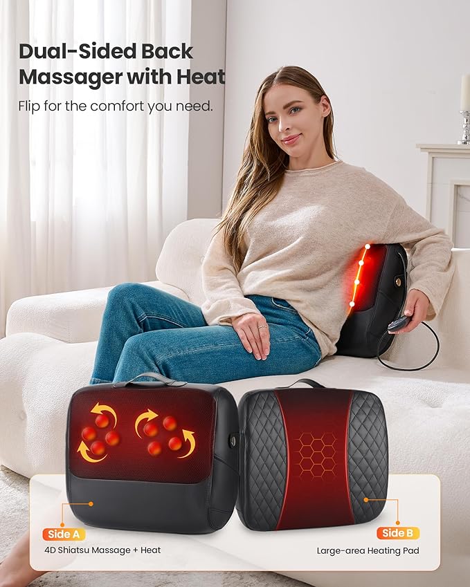KNQZE 3-in-1 Shiatsu Back Massager with Heat & Support - 4D Deep Tissue Kneading for Neck, Shoulder, Lower Back | Dual-Side Heating Massage Pillow for Home, Office, Car | FSA Gift for Women, Men