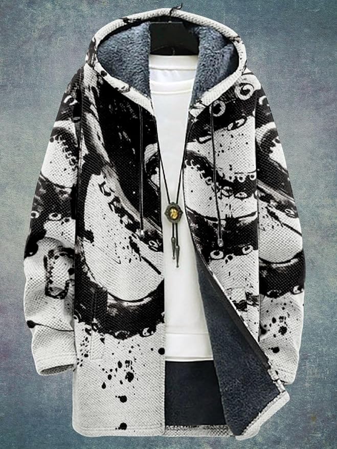 2025 Men's Ethnic Pattern Hooded Jacket Long Cardigan Hoodies Full Zip Vintage Knitted Zipper Coat with Pocket